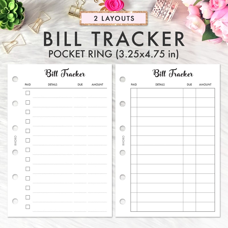 Pocket Bill Trackers Planner Insert Refill, 3.2 x 4.7 inches, Pre-Punched  for 6-Rings to Fit Filofax, LV PM, Kikki K, Moterm and Other Binders, 30